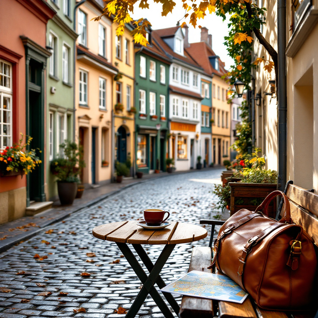 Geheimtipps Städtereise Wochenende in charmanter europäischer Altstadt mit Café und Reisetasche