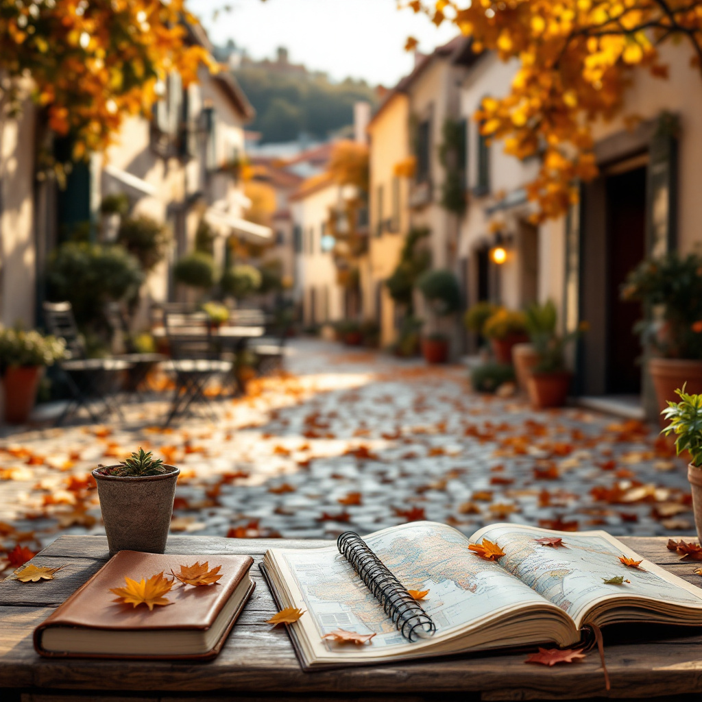 Schöne Reiseziele Europa im Herbst: goldenes Licht in einer mediterranen Altstadt mit Herbstlaub