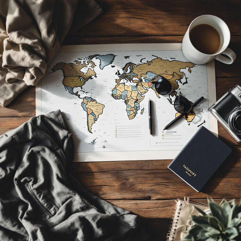 Wie plane ich eine Reise als Anfänger – Schreibtisch mit Karte, Checkliste und Reiseutensilien